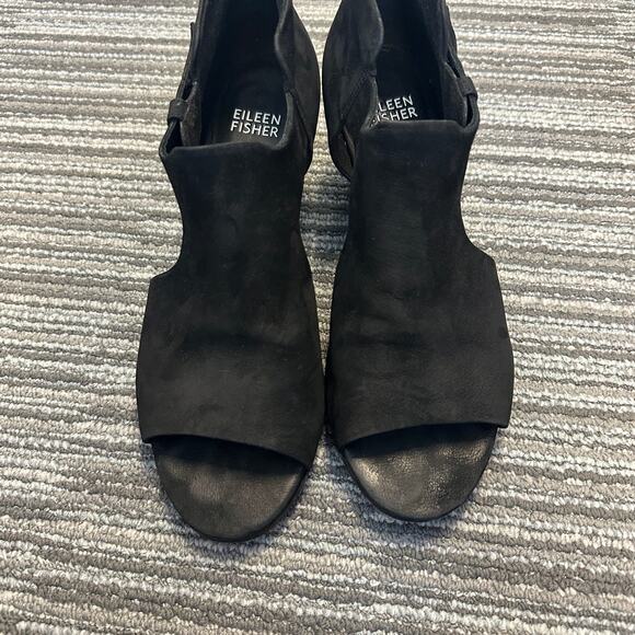 Eileen Fisher Black Iris Nubuck Leather Block Heel Cut-Out Sandal Open Toe 7.5 - Picture 3 of 10